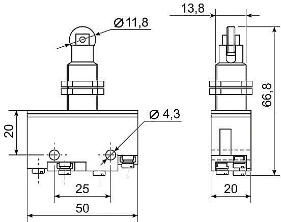 Чертеж микропереключателя МП 1105М с роликом габариты 50x66.8x20 мм