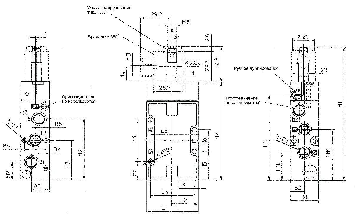 Чертеж с габаритными размерами распределителя FESTO MLH-B, вид сбоку и сверху
