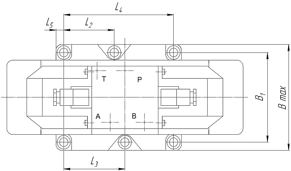 Схема гидрораспределителя 2Р323 с размерами L, L1, L2, L3, L4, L5, B, B1, H, H1, H2, d