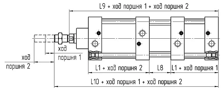 Чертеж тандем-цилиндра ПЦ71 с обозначением габаритных размеров L1, L8, L9, L10