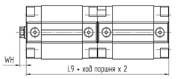 Габаритный чертеж тандем-цилиндра КЦ75 с общим штоком